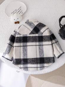 SHEIN Baby Girl Loose Casual Plaid Long Sleeve Shirt Collar Drop Shoulder Jacket, Suitable For Outdoor, Party And Other Occasions