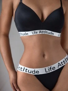 EasyFave Conjunto de sujetador y pantie con bordado de letras para mujer - Negro - Ver 5