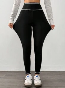 SHEIN EZwear Drawstring Stitching Outside Solid Wide Waistband Phone Pocket Side Leggings - Black - View 3