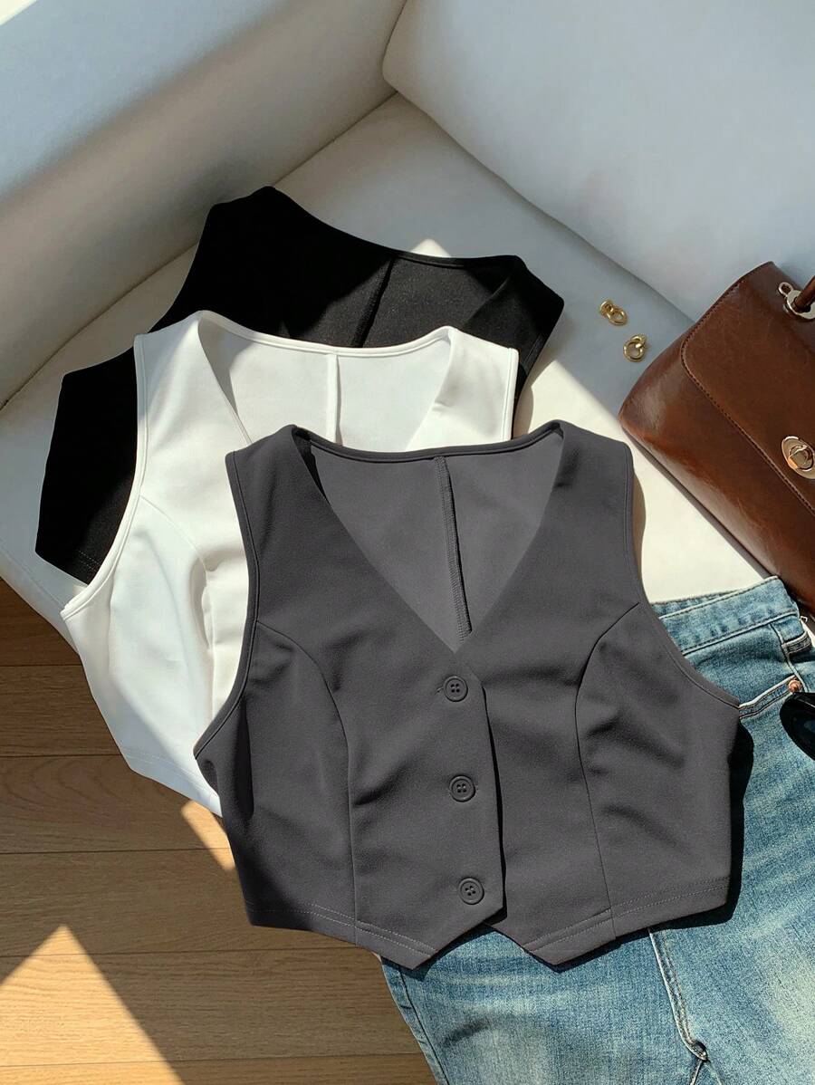 Comfortcana 3 件套女士休闲 V 领单排扣纯色背心套装，秋季 - 彩色 - 查看 1