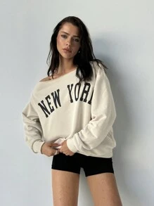 Aloruh Women's Fall Top Fashion Commuting Casual Loose Daily Sports Street Asymmetric Collar Drop Shoulder Loose Letter Print Long Sleeve Knitted Sweatshirt Apricot Sweatshirt Thin Sweatshirt Top, Spring And Autumn