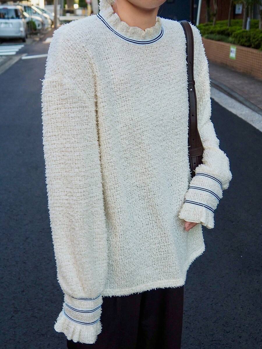 FRIFUL Damen Flauschiges Rüschen-Saum Farbblock T-Shirt mit thermisch gefüttertem Langarm Damen Oberteil, Herbst Damenmode