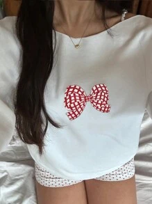 INAWLY 女士蝴蝶印花不对称领口宽松长袖运动衫，秋冬季休闲风格 - 白色 - 查看 3