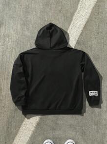 Manfinity EMRG 男士休闲字母印花拉链抽绳连帽衫卫衣，图案男士拉链连帽衫，长袖，拉链连帽衫，外出，图案，街头服饰 - 黑色 - 查看 2