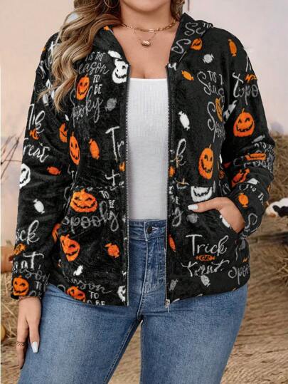 Calvaya Chaqueta con capucha con cremallera frontal y bolsillo, estampado de Halloween, uso casual diario, talla grande