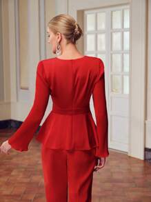 ZEYLAH SOLID V-NECK RHINESTONE DETAIL PLISSE PANEL PEPLUM TOP - Red - View 7