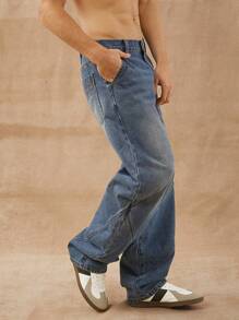 Men Premium 91% Cotton Denim Utility Barrel Leg Jeans - Medium Wash - View 4