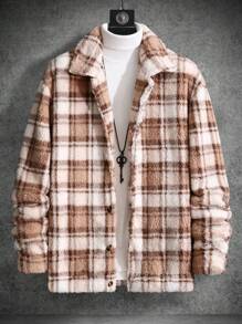 Manfinity Homme Men's Plaid Printed Fleece Zip-Up Jacket