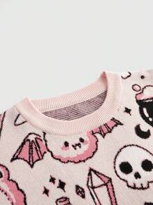 ROMWE Kawaii Halloween Cute Ghost, Pumpkin & Bat Graphic Women Sweater - Pink - View 3