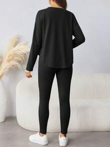 SHEIN 孕妇休闲通勤纯色圆领长袖上衣和裤子 2 件套 - 黑色 - 查看 2