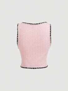 SHEIN MOD 优雅复古粉色和黑色拼色双排扣背心和裤子，工作服 2 件/套，学院风格，舞会套装，返校，教师套装，办公室服装，返校套装 - 粉色 - 查看 8