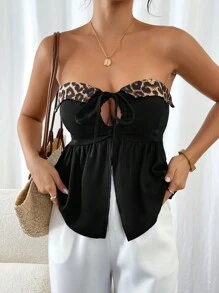SHEIN Frenchy Women's Fashionable Leopard Print Patchwork Hollow Out Camisole Tank Top, Women's Spring & Fall Leopard Print Panel Fleece Lapel Lace-Up Front Top,Women Vest,Sexy Black Top,Off Shoulder,Going Out Tops,Thanksgiving Women Outfit,Black Corset Top Winter Cheetah Casual - Black - View 4