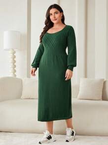 Mulvari 大码纯色长袖收腰简约长款毛衣连衣裙，日常休闲 - 墨綠色 - 查看 5