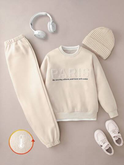 SHEIN Casuvi Kids 3件套复古美式印花卫衣、运动裤和帽子，适合青少年男孩