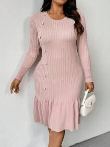 Franclia Plus Size Women Elegant Solid Colored Button Decor Ruffle Hem Bodycon Ribbed Knit Sweater Dress, For Winter