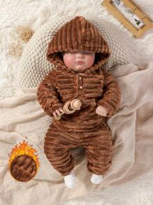 SHEIN Playful Pals 男婴秋冬休闲棕色纯色长袖衬衫和裤子 2 件套 - 鏽棕色 - 查看 1