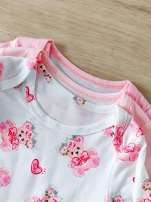 SHEIN 适合新生女孩和儿童的女婴三件套包括一件熊印花连体衣和两件纯粉色连体衣。美丽可爱，易于穿着。 - 彩色 - 查看 4