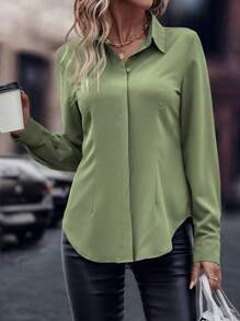 EMERY ROSE Áo sơ mi dài tay thường ngày cài nút màu trơn dành cho nữ - màu xanh lá - Xem 5