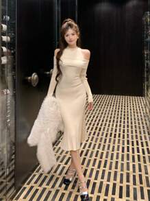 DAZY Women's Off Shoulder Fitted Knitted Sweater Dress,Fall Clothes - Beige - View 5