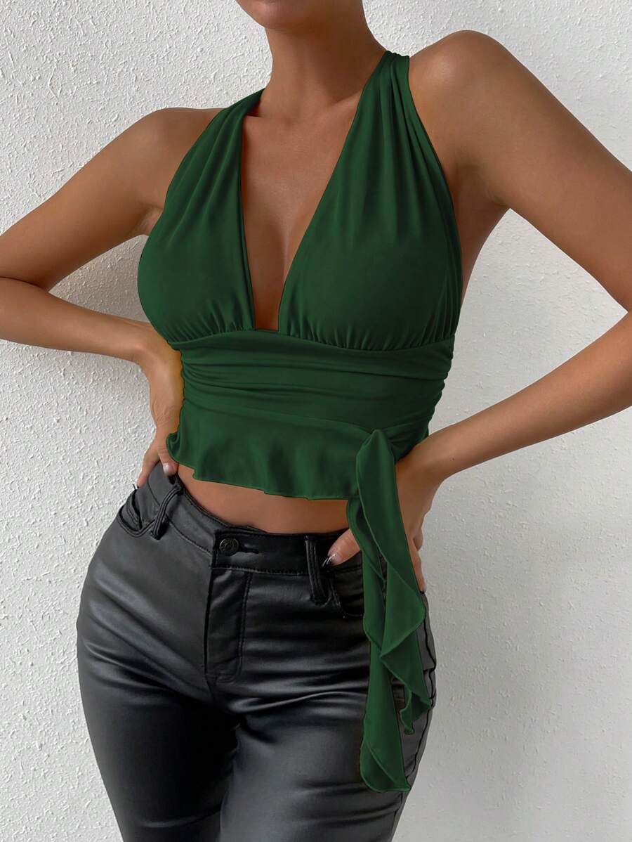Allurite Top de tirantes simple con cordón y fruncido de unicolor, uso diario casual