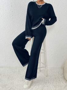 Chiquease 女士休闲优雅撞色阔腿毛衣套装 - 藏蓝色 - 查看 6