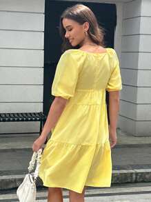 INAWLY Women's Solid Color V-Neck Short Sleeve Ruched Mini Casual Dress - Yellow - View 2