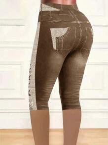 SHEIN Clasi Quần legging in họa tiết denim cỡ lớn cho nữ 3/4 - màu nâu - Xem 2
