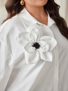 Modelyn Plus Size Women Floral 3D Decor Long Sleeve Loose Blouse, Elegant For Autumn - White - View 4