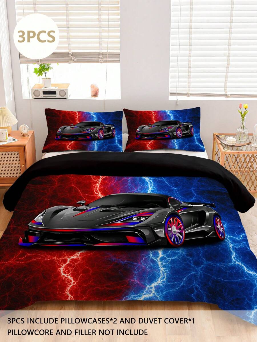 3pcs Racing Car Design Bedding Set, Comfortable Bed Linen, 1 Duvet Cover + 2 Pillowcases, Made Of Skin-Friendly 100% Polyester Fiber & Polyester Fabric, No Filling, Suitable For All Seasons, Bedroom And Dorm Use, Travel - Multicolor - View 1