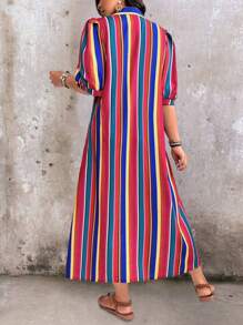 SHEIN LUNE Vestido camisa con botones delanteros, con bloques de color y rayas, tallas grandes, otoño