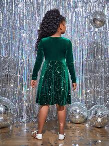 SHEIN 2pcs Tween Girls Christmas Cute Velvet Patchwork Glitter Dress, Mommy And Me Matching Outfits (2 Pieces Sold Separately) - Dark Green - View 3