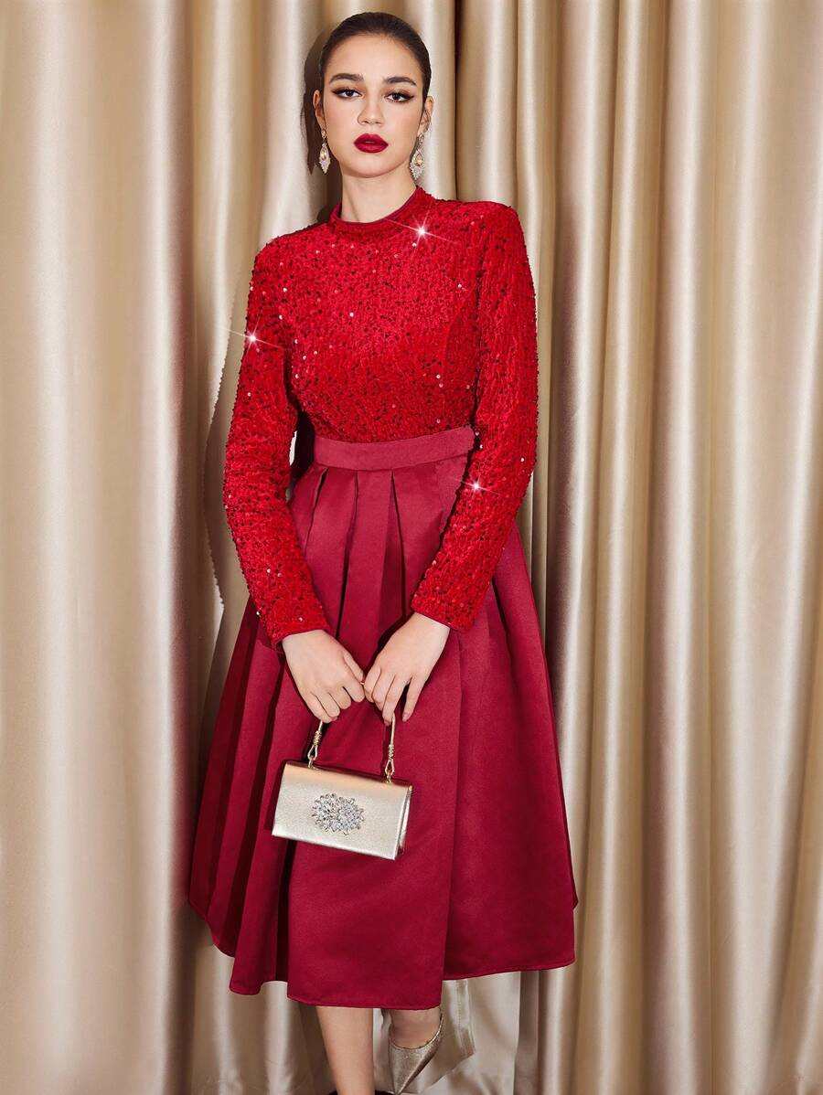 Vintamour Vintage Elegant Women's Patchwork Sequins Velvet Boat Neck Long Sleeve Satin Midi A-Line Party Dress,Autumn Winter Burgundy Christmas Thanksgiving - Red - View 1