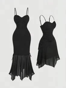 SHEIN MOD 女士褶饰黑色吊带连衣裙、优雅连衣裙、海盗连衣裙、女巫连衣裙、黑色返校节连衣裙、优雅女士连衣裙、仙女服装连衣裙 - 黑色 - 查看 3