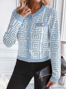 SHEIN Unity Women Autumn Geometric Print Long Sleeve Single-Breasted Casual Cardigan Fall Cloth For Women - Baby Blue - View 6
