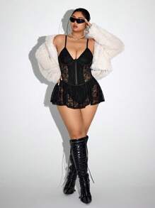 SHEIN ICON Vestido de encaje con parches, soporte incorporado y botones de metal para tallas grandes, para el verano