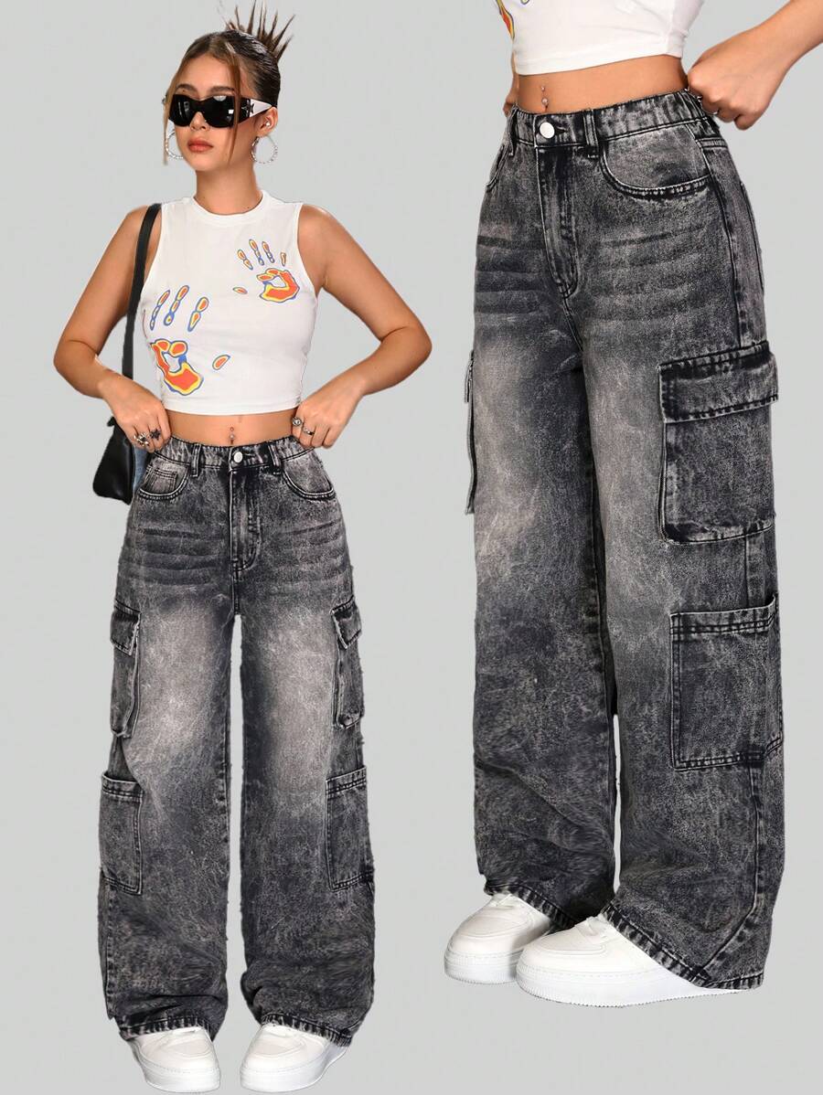 Baggy Jeans Mädchen Mit Stern-Stickerei - Weite Beine Y2K Style Für Teenager
