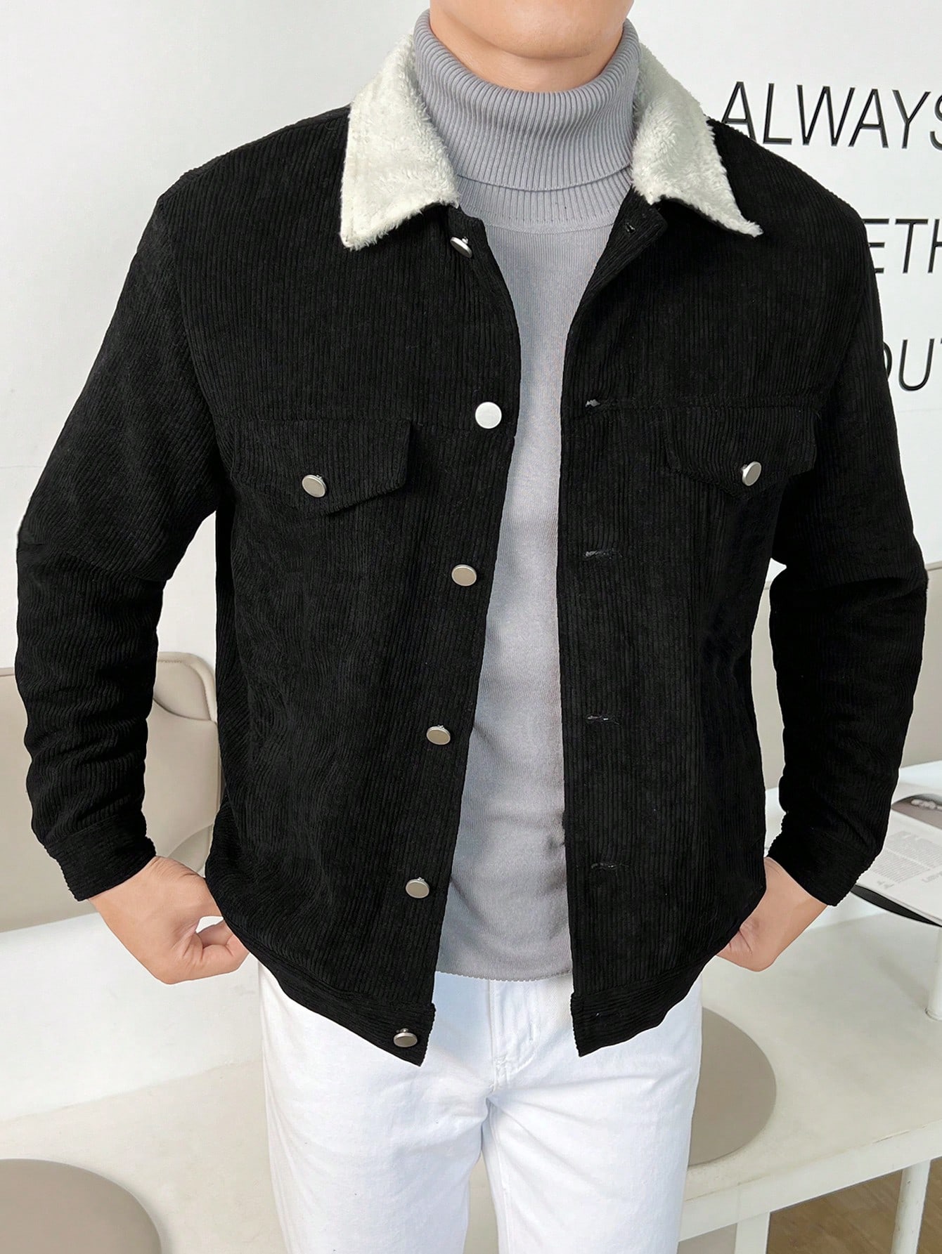 SHEIN جاكيت مراهقين عارضة بطوق كوردروي مضخم ومقاوم...