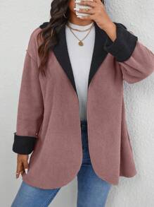 SHEIN LUNE Plus Size Solid Color Patchwork Long Sleeve Simple Jacket, Casual Everyday Wear - Multicolor - View 4