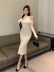 DAZY Women's Off Shoulder Fitted Knitted Sweater Dress,Fall Clothes - Beige - View 6