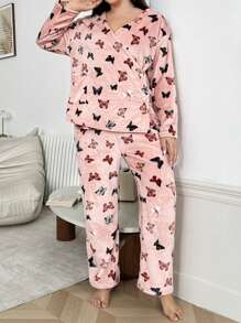 Butterfly Print Flannel Oblique Collar Shirt And Pants Plus Size Women Pajama Set, Casual
