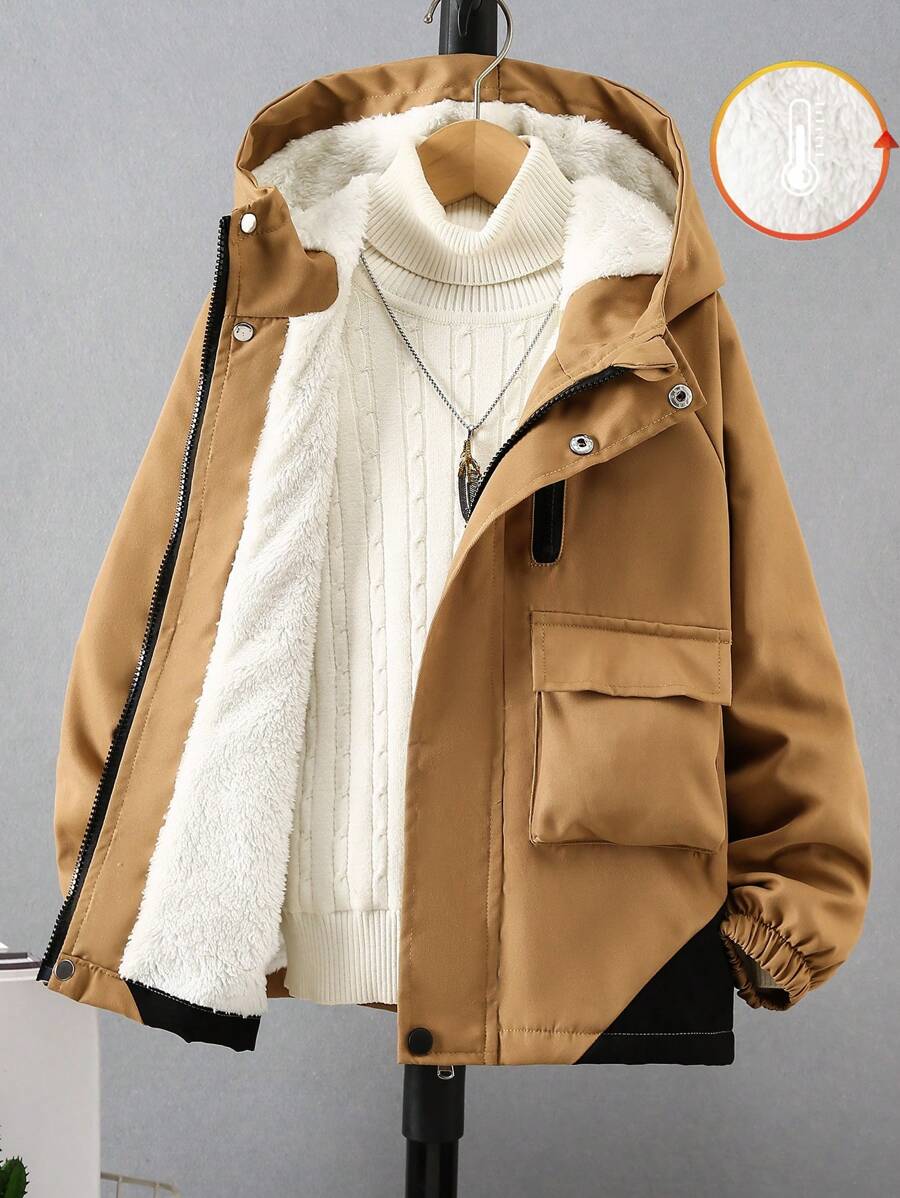 SHEIN Tween Boy Contrast Zipper Hooded Pockets Warm Winter Jacket - Brown - View 1
