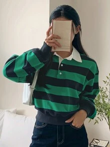 DAZY Women's Loose Short Striped Patchwork Contrast Color Polo Collar Sweatshirt