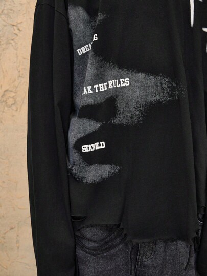 Grunge Punk T-shirt déchiré à manches longues et col rond, style décontracté, confortable et pour hommes