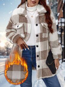 SHEIN LUNE Plus Size Fuzzy Plaid Printed Front Button Long Sleeve Plus Size Jacket Fleece Winter Clothes - Multicolor - View 4