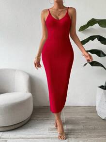 SHEIN Clasi 女士优雅罗纹针织长款紧身情人节浪漫吊带毛衣连衣裙，红色 - 紅色 - 查看 6