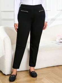 Pantalones elegantes de oficina de pierna recta con cremallera y unicolor para mujer de talla grande - Negro - Ver 4