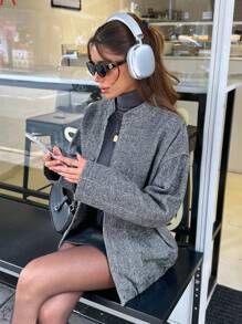 RueChic Snap Button Detailed Elastic Waist Hem Bomber Smart Casual Jacket - Grey - View 5