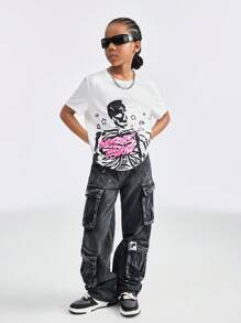 SHEIN Tween Girl 休闲骷髅和字母印花短袖 T 恤，夏季日常穿着 - 白色 - 查看 5