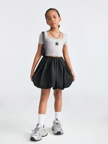 Coolane Kids Tween Girls 弹力腰可爱泡泡下摆 A 字迷你裙，黑色