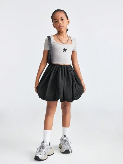 Coolane Kids Tween Girls 弹力腰可爱泡泡下摆 A 字迷你裙，黑色